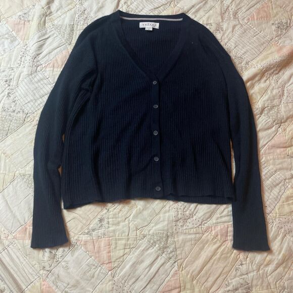 anthropologie velvet 100% cashmere navy blue sophisticated cardigan size medium - Picture 1 of 6